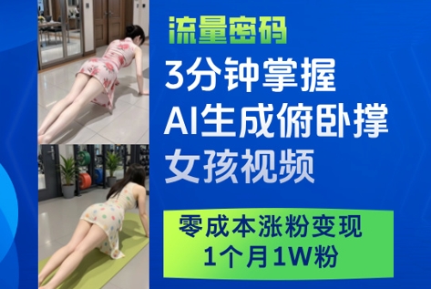 3分钟掌握AI生成俯卧撑女孩视频，零成本涨粉变现，1个月1W粉-鑫梵淘