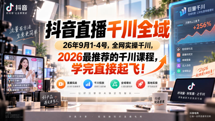 抖音直播千川全域26年9月1-4号，全网实操千川，2026最推荐的千川课程，学完直接起飞！-鑫梵淘