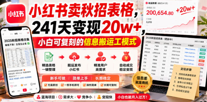小红书卖秋招表格，241天变现20w+，小白可复刻的信息搬运工模式-鑫梵淘