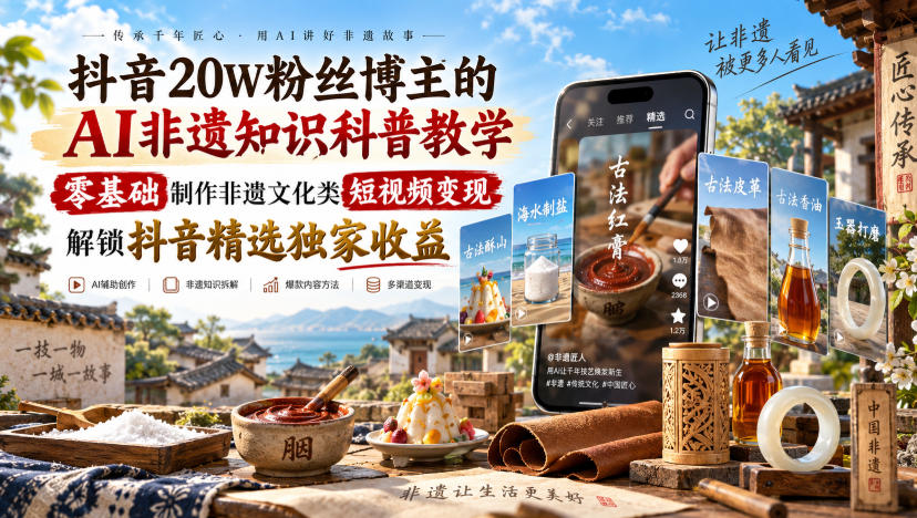 抖音20W粉丝博主的AI非遗知识科普教学，零基础制作非遗文化类短视频变现，解锁抖音精选独家收益-鑫梵淘