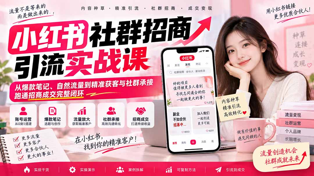 小红书社群招商引流实战课-无水印：从爆款笔记、自然流量到精准获客与社群承接，跑通招商成交完整闭环-鑫梵淘