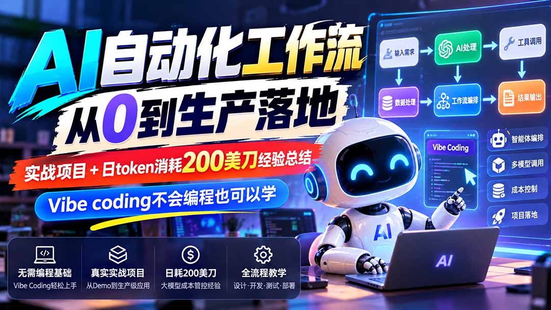 【无水印】AI自动化工作流从0到生产落地，实战项目+日token消耗200美刀经验总结，Vibe coding不会编程也可以学-鑫梵淘