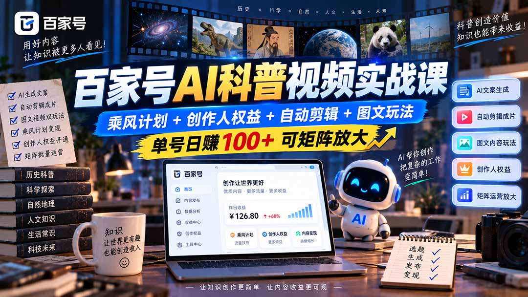 百家号AI科普视频实战课：乘风计划+创作人权益+自动剪辑+图文玩法，单号日赚100+可矩阵放大-鑫梵淘
