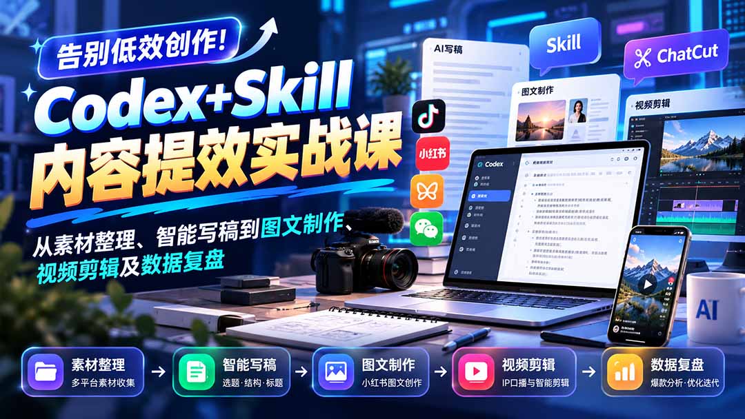 【无水印】告别低效创作！Codex+Skill内容提效实战课：从素材整理、智能写稿到图文制作、视频剪辑及数据复盘-鑫梵淘