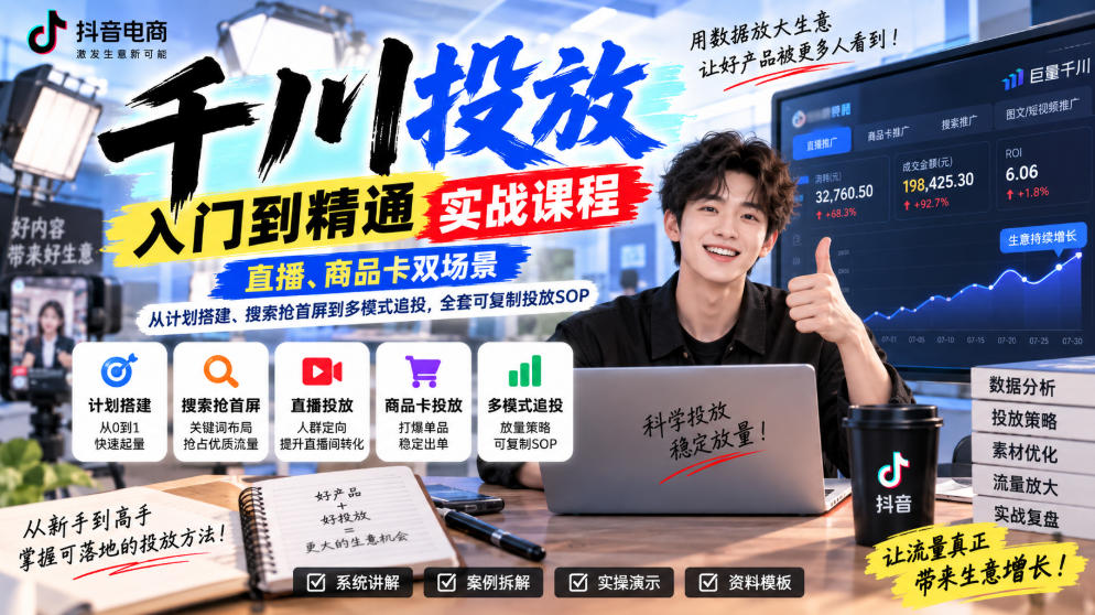千川投放入门到精通实战课程，直播、商品卡双场景，从计划搭建、搜索抢首屏到多模式追投，全套可复制投放SOP-鑫梵淘