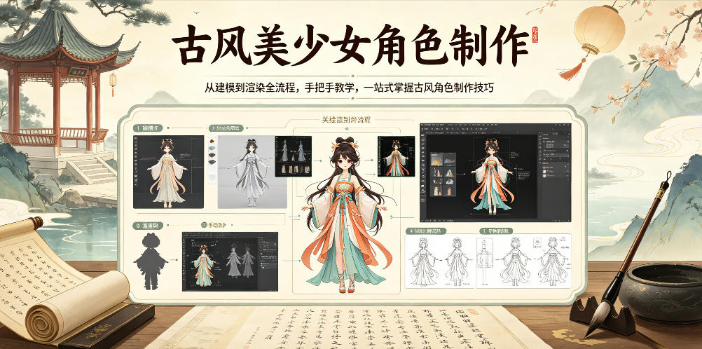 古风美少女角色制作，从建模到渲染全流程，手把手教学，一站式掌握古风角色制作技巧-鑫梵淘