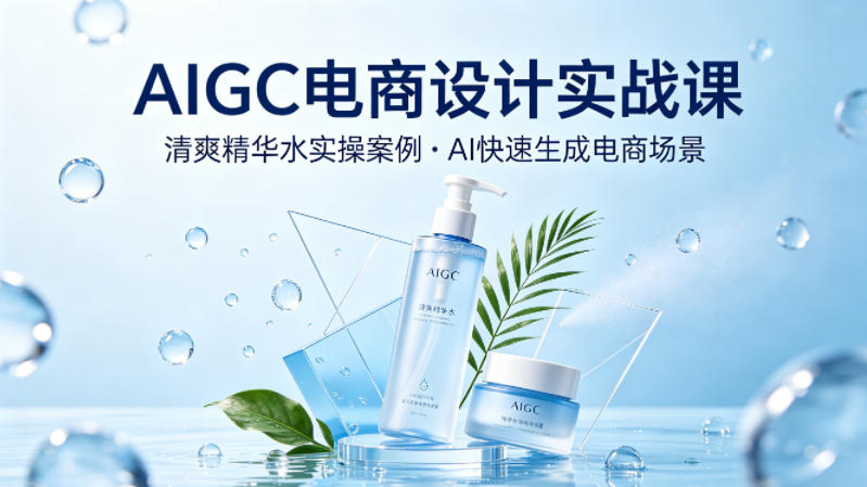 AIGC电商设计实战课，以清爽精华水为实操案例，教你用AI快速生成电商场景-鑫梵淘