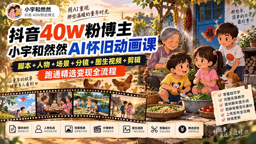 抖音40W粉博主小宇和然然AI怀旧动画课｜脚本+人物+场景+分镜+图生视频+剪辑，跑通精选变现全流程-鑫梵淘