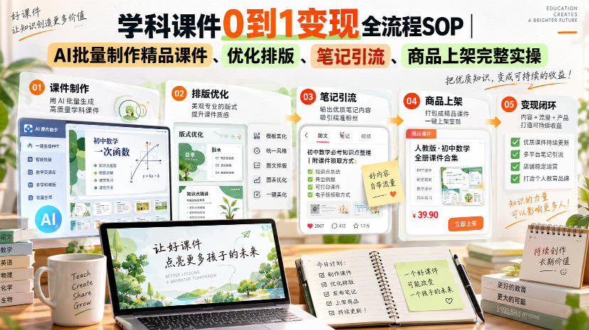 学科课件0到1变现全流程SOP｜AI批量制作精品课件、优化排版、笔记引流、商品上架完整实操​-鑫梵淘