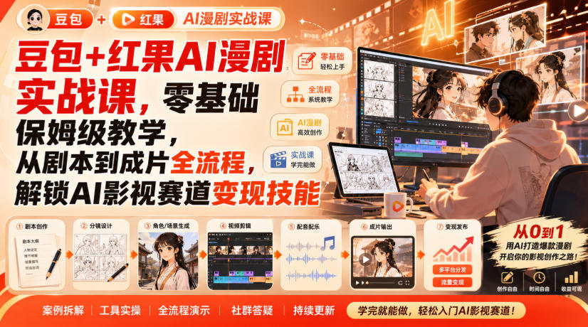 豆包+红果AI漫剧实战课，零基础保姆级教学，从剧本到成片全流程，解锁AI影视赛道变现技能-鑫梵淘
