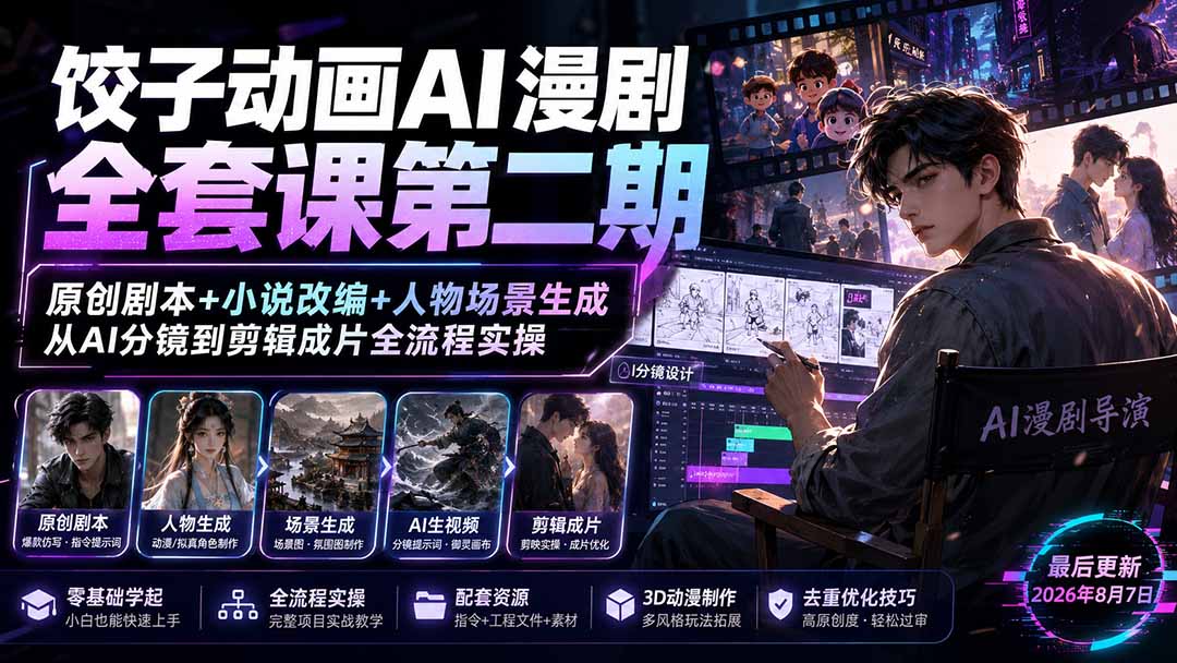 饺子动画AI漫剧全套课第二期：原创剧本+小说改编+人物场景生成，从AI分镜到剪辑成片全流程实操-鑫梵淘