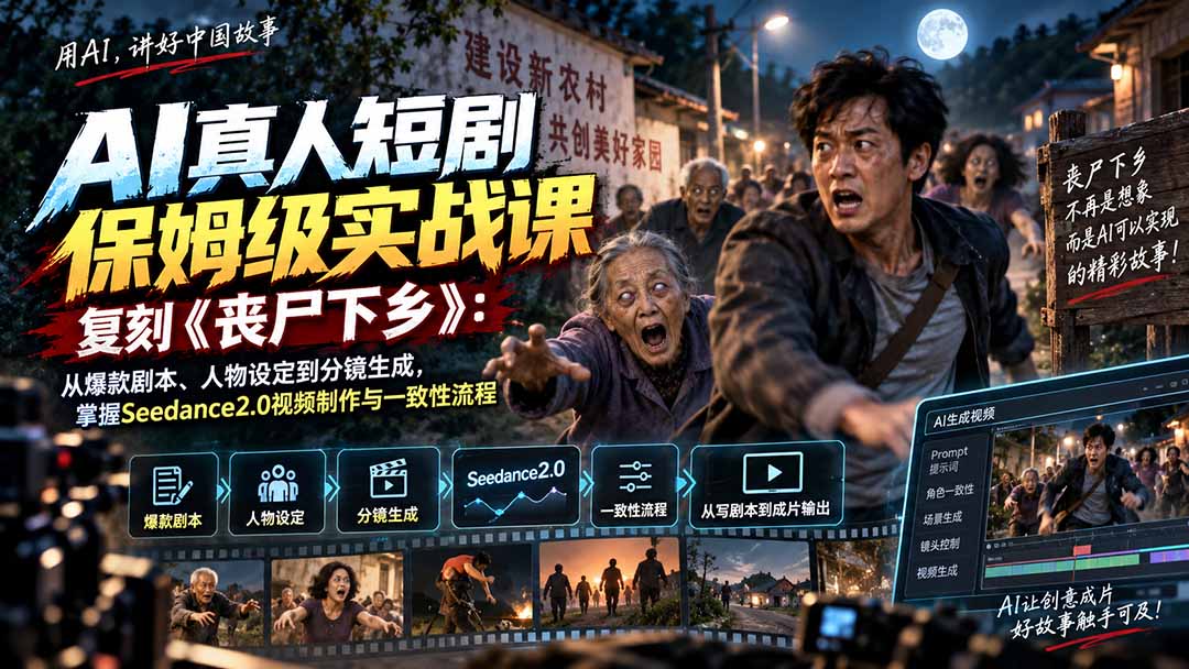 AI真人短剧保姆级实战课，复刻《丧尸下乡》：从爆款剧本、人物设定到分镜生成，掌握Seedance2.0视频制作与一致性流程-鑫梵淘