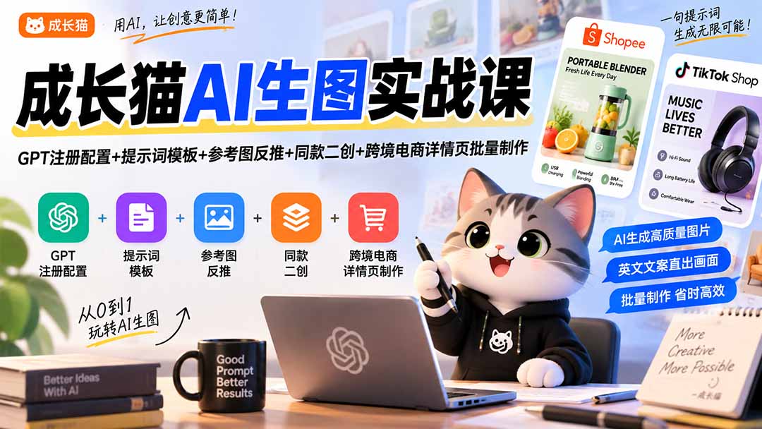 成长猫AI生图实战课｜GPT注册配置+提示词模板+参考图反推+同款二创+跨境电商详情页批量制作-鑫梵淘
