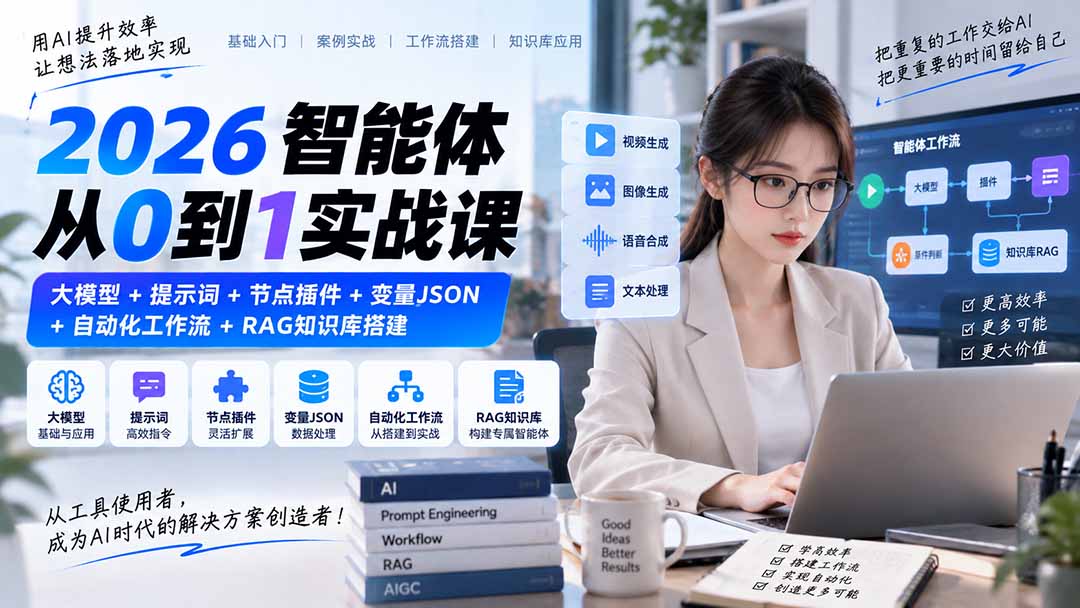2026智能体从0到1实战课｜大模型+提示词+节点插件+变量JSON+自动化工作流+RAG知识库搭建-鑫梵淘