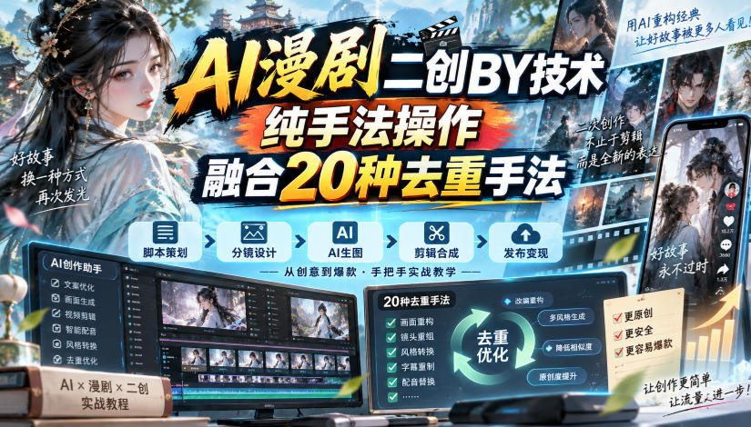 AI漫剧二创搬运技术，纯手法操作，融合20种去重手法-鑫梵淘
