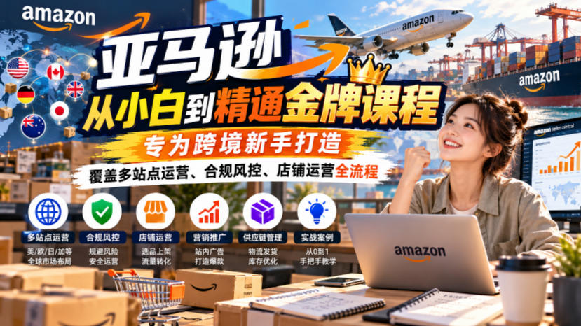 亚马逊从小白到精通金牌课程，专为跨境新手打造，覆盖多站点运营、合规风控、店铺运营全流程-鑫梵淘