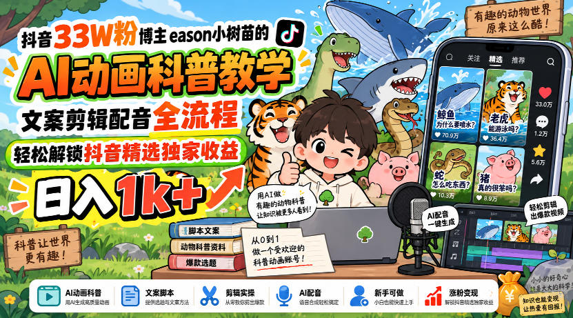 抖音33W粉博主eason小树苗的AI动画科普教学，文案剪辑配音全流程，轻松解锁抖音精选独家收益，日入1k+-鑫梵淘