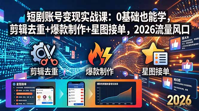 短剧账号变现实战课：0基础也能学，剪辑去重+爆款制作+星图接单，2026流量风口-鑫梵淘