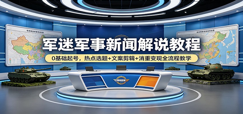 军迷军事新闻解说教程：0基础起号，热点选题+文案剪辑+消重变现全流程教学-鑫梵淘