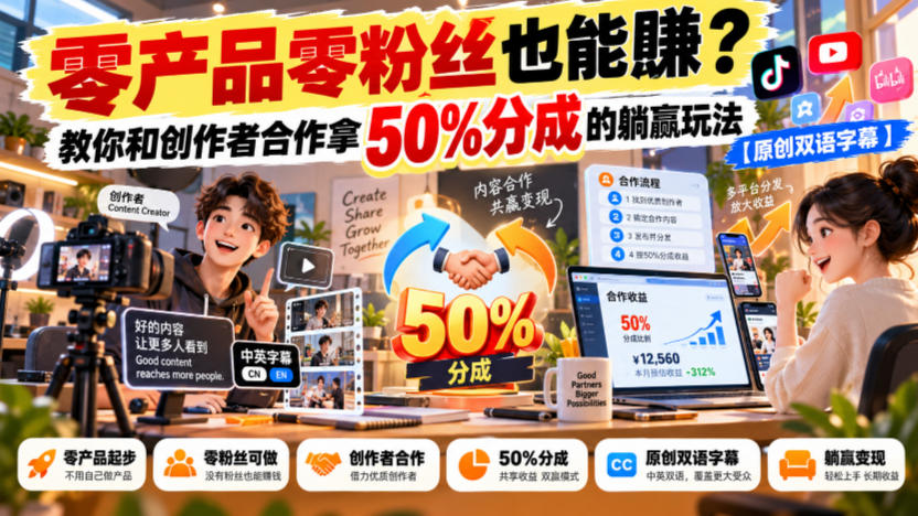 【无水印】零产品零粉丝也能賺？教你和创作者合作拿50%分成的躺赢玩法【原创双语字幕】-鑫梵淘