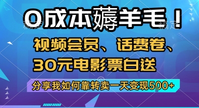 0成本薅羊毛!视频会员、话费卷、30元电影票白送，分享我如何靠转卖一天变现5张+【揭秘】-鑫梵淘