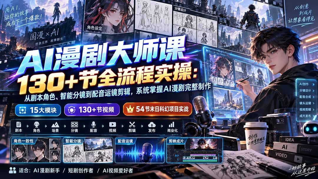 AI漫剧大师课130+节全流程实操：从剧本角色、智能分镜到配音运镜剪辑，系统掌握AI漫剧完整制作-鑫梵淘