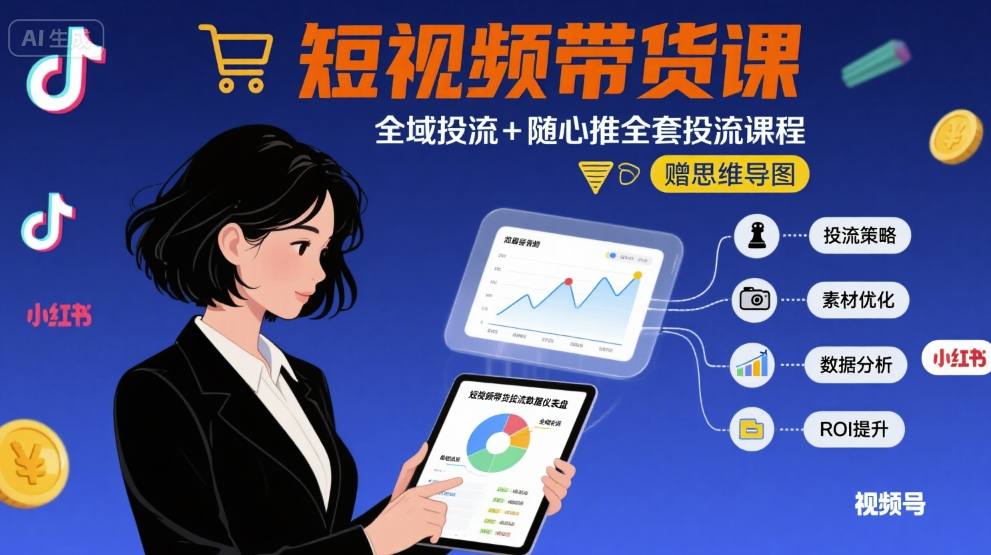 最新短视频带货课，全域投流+随心推全套投流课程+思维导图-鑫梵淘