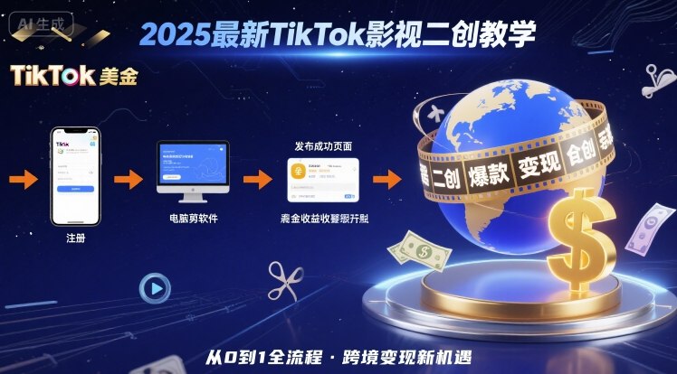 2025年最新TikTok影视二创教学，从注册到发布撸美金全流程，跨境变现新机遇-鑫梵淘
