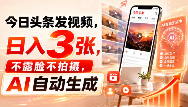 今日头条发视频，日入3张，不露脸不拍摄，AI自动生成-鑫梵淘