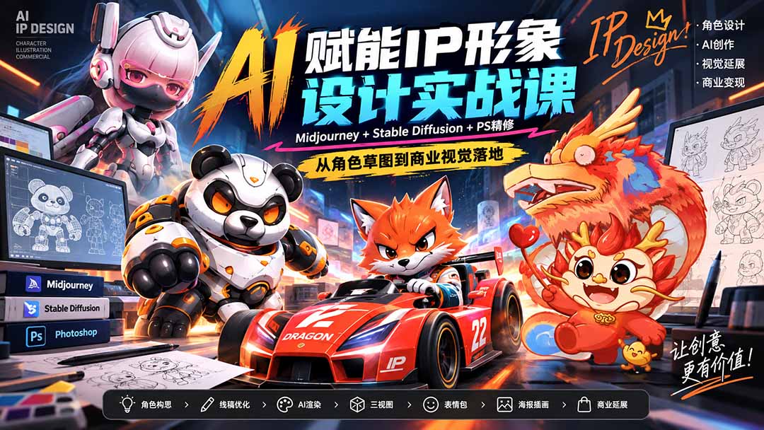 AI赋能IP形象设计实战课-无水印：Midjourney+Stable Diffusion+PS精修，从角色草图到商业视觉落地-鑫梵淘