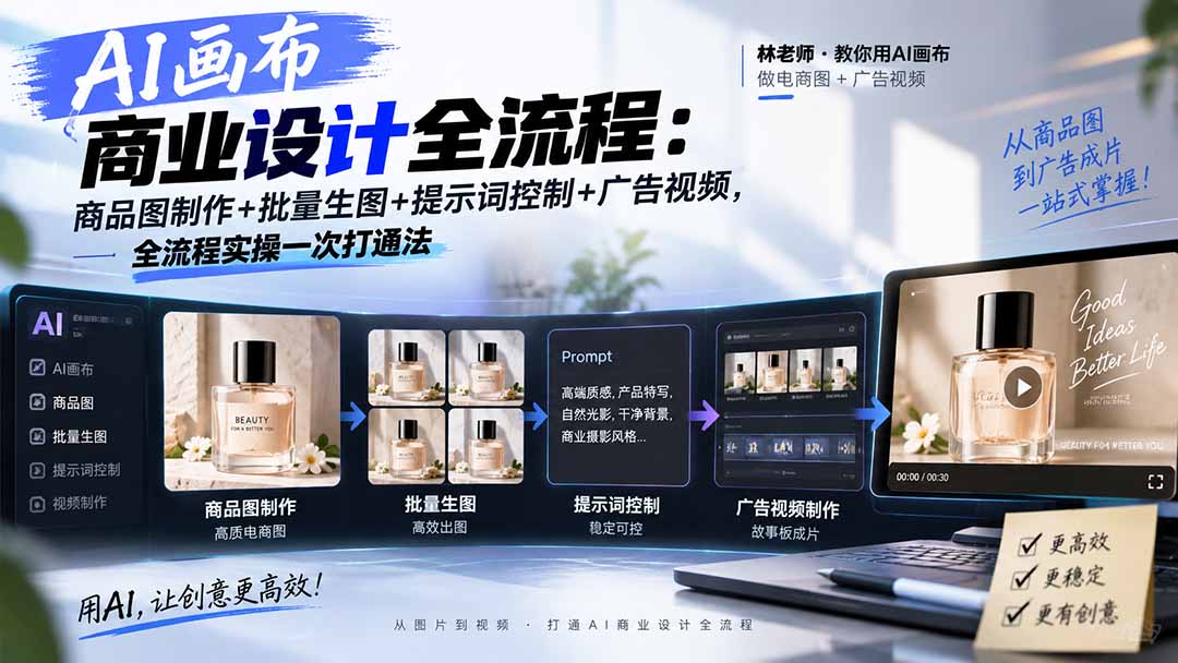 AI画布商业设计全流程：商品图制作+批量生图+提示词控制+广告视频，全流程实操一次打通法-鑫梵淘