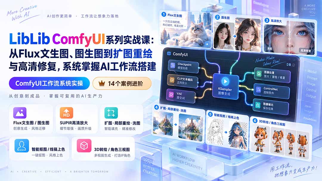 LibLib ComfyUI系列实战课：从Flux文生图、图生图到扩图重绘与高清修复，系统掌握AI工作流搭建-鑫梵淘