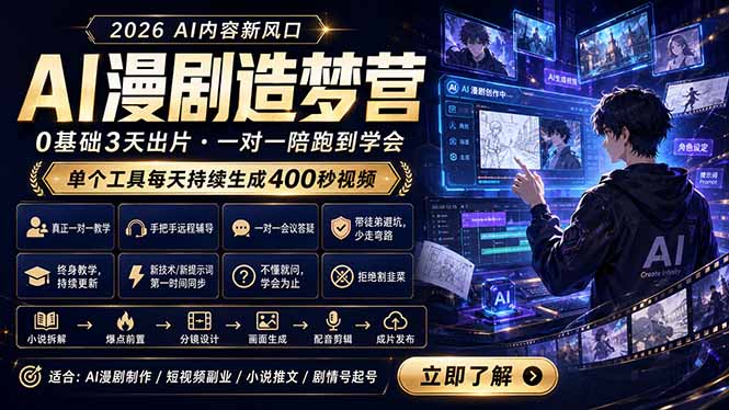 AI漫剧造梦营：0基础3天出片，单个工具每天持续生成400秒视频-鑫梵淘