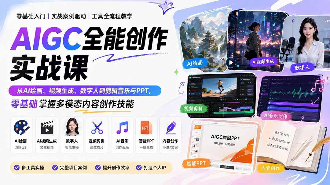 AIGC全能创作实战课：从AI绘画、视频生成、数字人到剪辑音乐与PPT，零基础掌握多模态内容创作技能-鑫梵淘