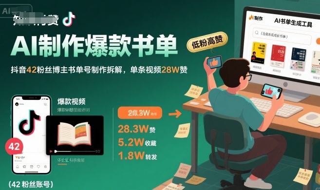 AI制作爆款书单，抖音42粉丝博主书单号制作拆解，单条视频28W赞-鑫梵淘