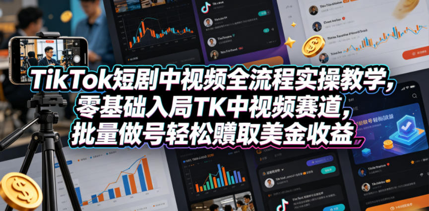 TikTok短剧中视频全流程实操教学，零基础入局TK中视频赛道，批量做号轻松賺取美金收益-鑫梵淘