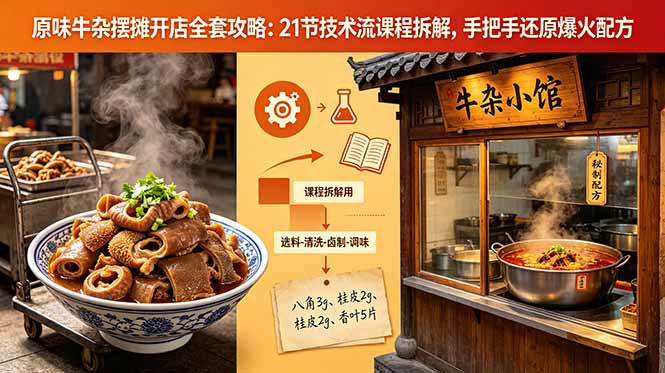 原味牛杂摆摊开店全套攻略：21节技术流课程拆解，手把手还原爆火配方-鑫梵淘