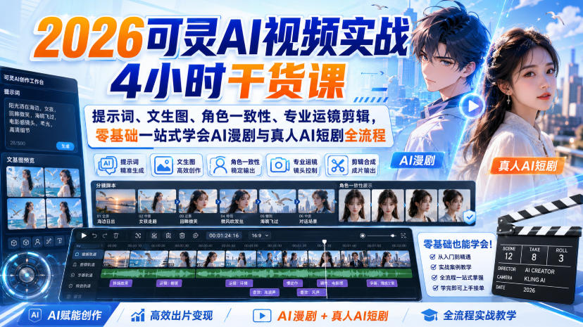 2026可灵AI视频实战4小时干货课｜提示词、文生图、角色一致性、专业运镜剪辑，零基础一站式学会AI漫剧与真人AI短剧全流程-鑫梵淘