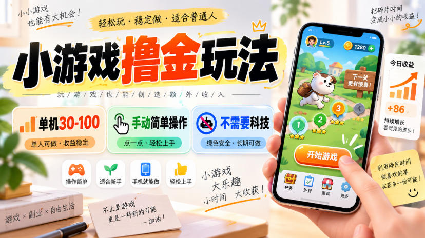 小游戏撸金玩法，单机30-100，手动简单操作，不需要科技-鑫梵淘