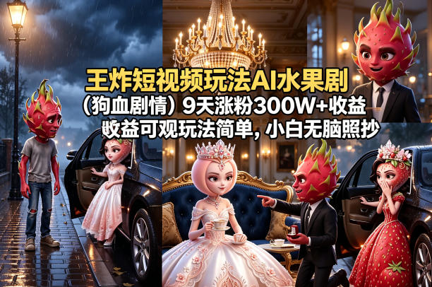 王炸短视频玩法AI水果剧(狗血剧情)9天涨粉300W+收益可观玩法简单，小白无脑照抄，详细拆解玩法-鑫梵淘