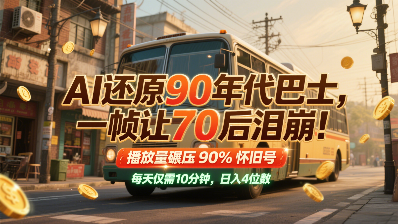 AI还原90年代巴士，一帧让70后泪崩！播放量碾压90%怀旧号，每天10分钟，日入4位数-鑫梵淘