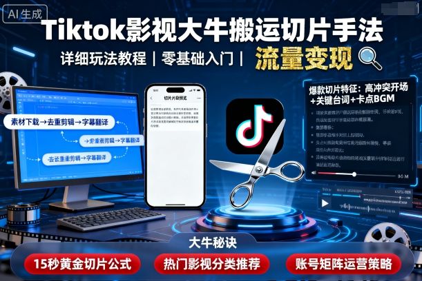 Tiktok影视大牛搬运切片手法，详细玩法教程-鑫梵淘