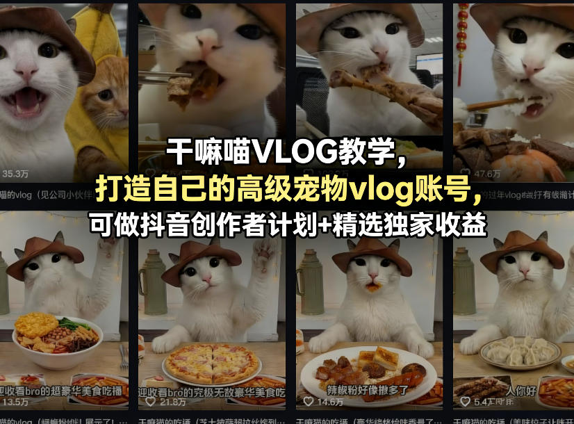 干嘛喵VLOG教学，打造自己的高级宠物vlog账号，可做抖音创作者计划+精选独家收益-鑫梵淘