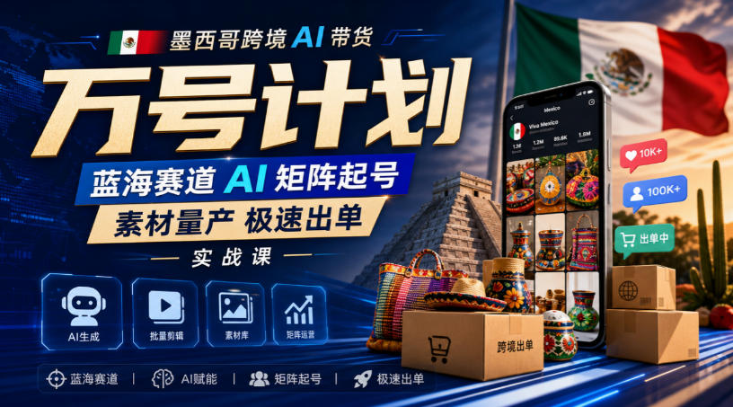 墨西哥跨境AI带货万号计划，蓝海赛道AI矩阵起号，素材量产极速出单实战课-鑫梵淘