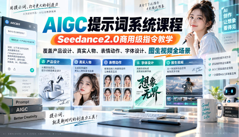 AIGC提示词系统课程，Seedance2.0商用级指令教学，覆盖产品设计、真实人物、表情动作、字体设计、图生视频全场景-鑫梵淘