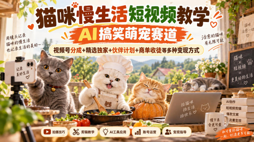 猫咪慢生活短视频教学，AI搞笑萌宠赛道，视频号分成+精选独家+伙伴计划+商单收徒等多种变现方式-鑫梵淘