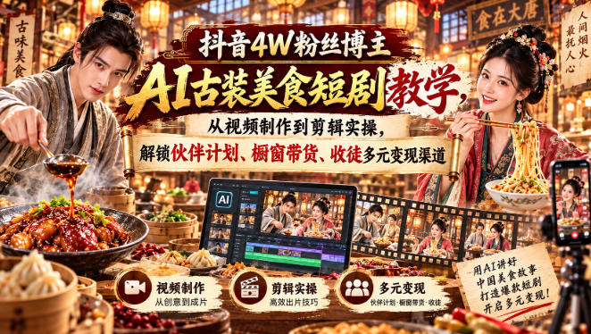 抖音4W粉丝博主AI古装美食短剧教学，从视频制作到剪辑实操，解锁伙伴计划、橱窗带货、收徒多元变现渠道-鑫梵淘
