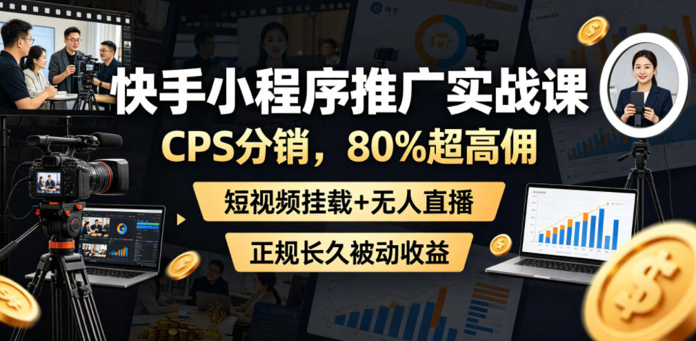 快手小程序推广实战课，CPS分销，80%超高佣，短视频挂载+无人直播，正规长久被动收益-鑫梵淘