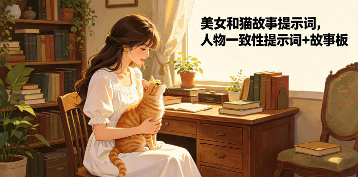 美女和猫故事提示词，人物一致性提示词+故事板-鑫梵淘