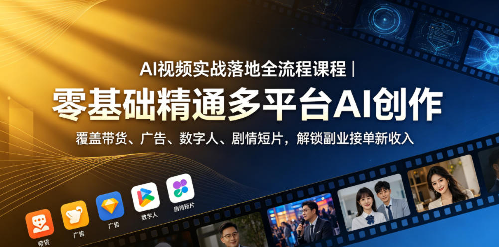 AI视频实战落地全流程课程｜零基础精通多平台AI创作，覆盖带货、广告、数字人、剧情短片，解锁副业接单新收入-鑫梵淘